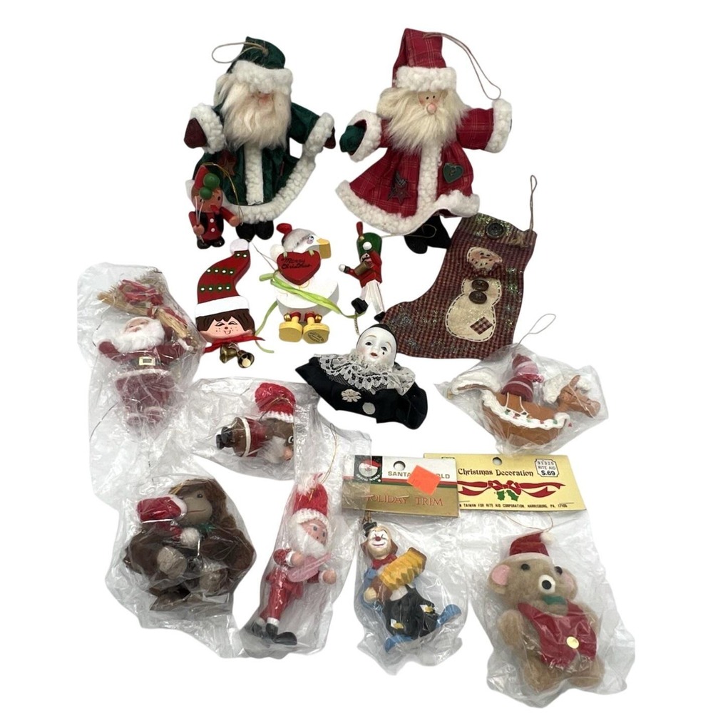 15 Christmas Ornaments Mixed Lot Vintage Some New Wood Plastic Plush 80's-90's +